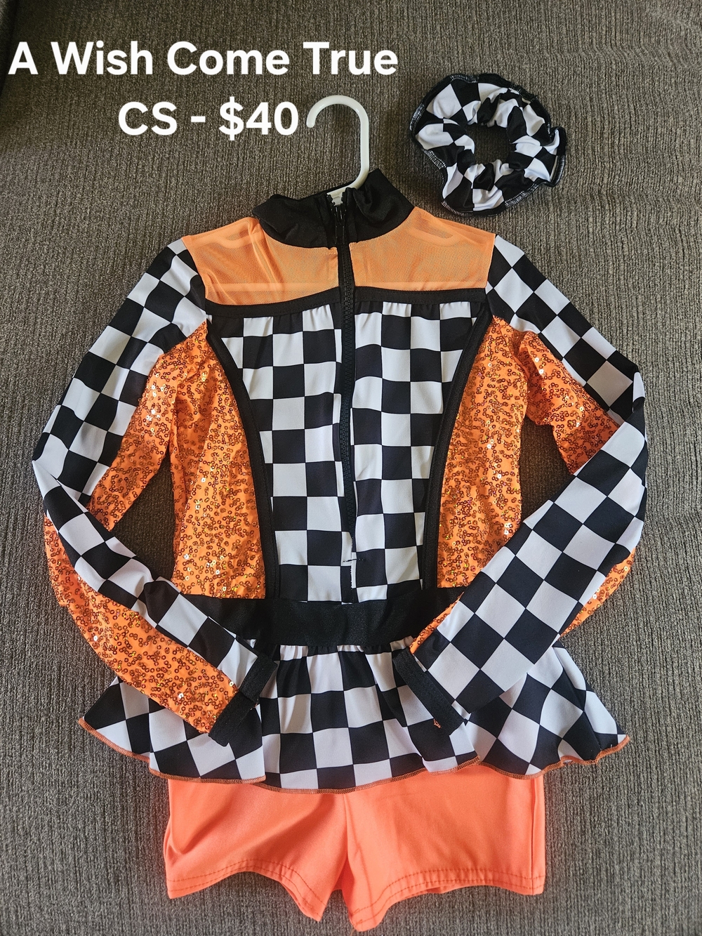 Girls' Orange Checkered Dance Costume with Scrunchie